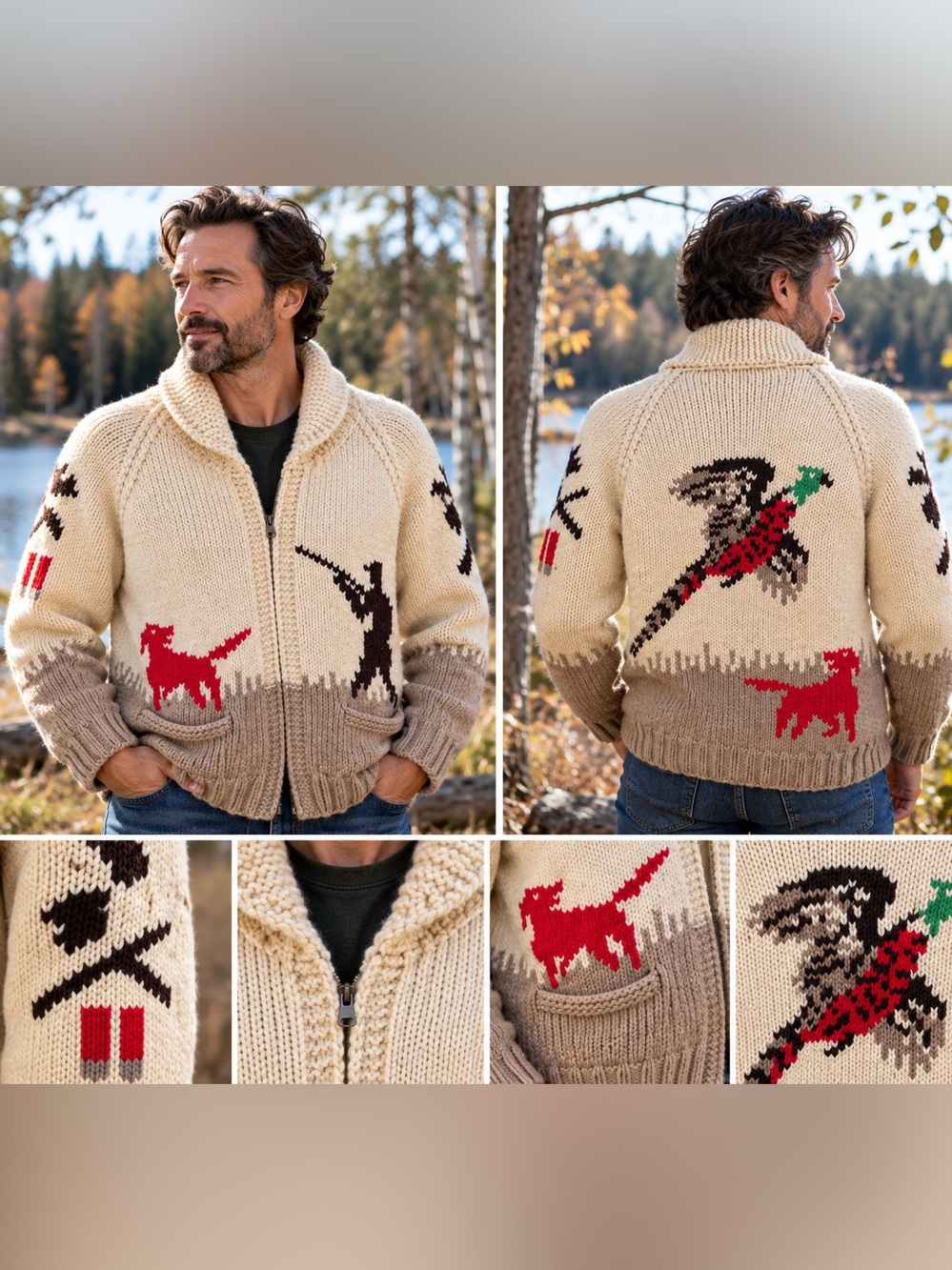 Vintage Handmade Hunting Sweater Cardigan – Pheasant & Dog – Cowichan Style